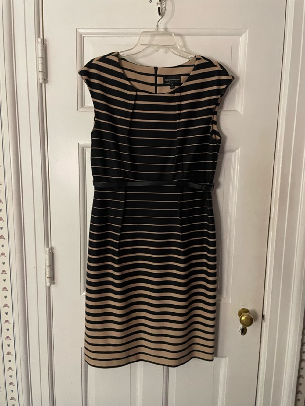 connected apparel Black and Beige Striped Cap-Sleeve Midi Dress